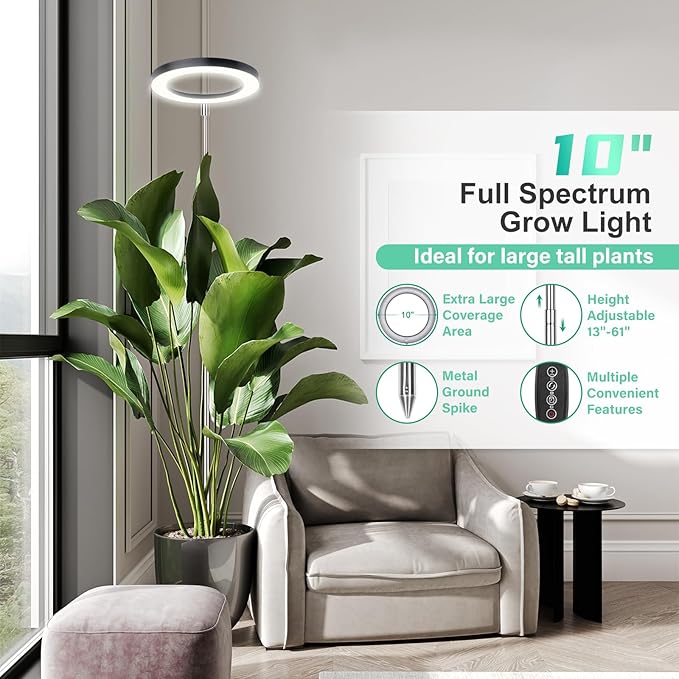 LORDEM 10" Full Spectrum Grow Light, 160 LEDs Plant Lamp for Indoor Plants, Grow Lamp with 4/8/12H Auto Timer, 10 Dimmable Levels, 3 Spectrum Modes, 61" Height Adjustable, Ideal for Large Tall Plants