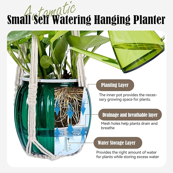 Small Hanging Planters Self Watering 5 Inch, 3 Set Hanging Plant Pot for Indoor Outdoor Plants, Hanging Flower Pots with Drainage Hole & 2 Kinds of Plant Hangers for Garden Home Decor