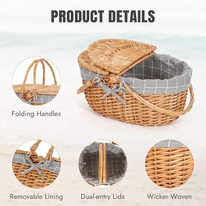 Happypicnic Wicker Picnic Basket with Handle, 15" Large Empty Picnic Basket with Lid & Removable Liner, Vintage Hand Woven Basket for Picnics, Camping, Veg Picking, Mother's Day, Thanksgiving (Check)