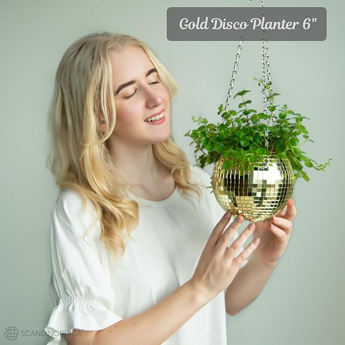 SCANDINORDICA Disco Ball Planter – Value Package: Mirror Disco Planter with Chain, Macrame Hanger and Acrylic Stand for Desk, Includes Self Watering Insert, Retro Decor | 6 inch Gold