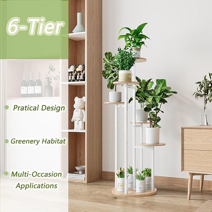 Plant Stand Indoor 6 Tier 9 Potted Multiple Flower Pot Holder for Patio Garden Balcony Living Room Corner (6 Tier White+Sonoma Oak)
