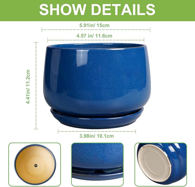 G EPGardening 6 Inch Plant Pot - Round Ceramic Planter Indoor with Drainage and Ceramic Saucer for Flower, Modern Desk Decor, Modern Garden Gift, Blue