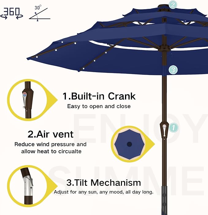 Kingdura 10ft 3-Tier Patio Umbrella with Solar Lights, Table Umbrella Outdoor Patio with Easy Crank & Tilt, 8 Sturdy Ribs, UV Protection, 32 LED Lights for Deck, Poolside, Market (Navy blue)