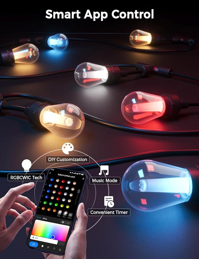 XMCOSY+ Smart Outdoor String Lights, 72.5Ft Patio Lights Waterproof, App Control, Compatible with Alexa, RGBCWIC Color Changing LED String Light for Outside