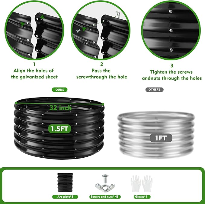 17" Tall Round Outdoor Garden Raised Garden Bed Kits- 0.8MM Thick Metal Raised Planter Bed/Ground Planter Box for Variety of Flowers,Herbs,Vegetables (Black, 32 inches Diameter)