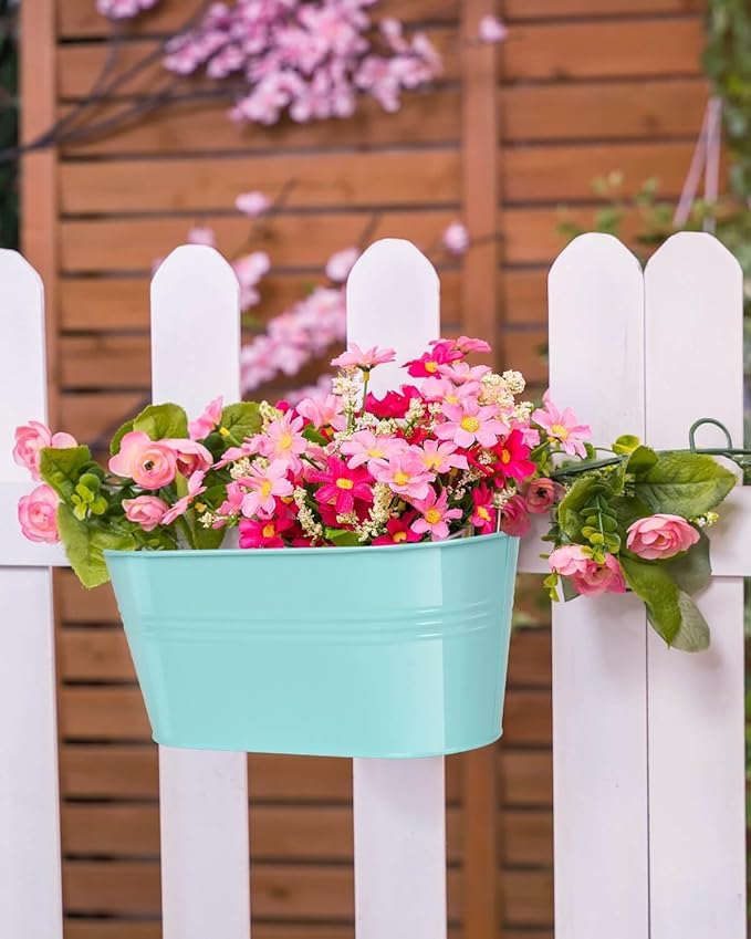 Metal Railing Planter for Outdoor Plants - 3 Pack Balcony Hanging Flower Pots with Detachable Hooks and Drain Holes Oval Bucket Rail Box Fence Planters for Home Garden Decor, Green Orange Blue