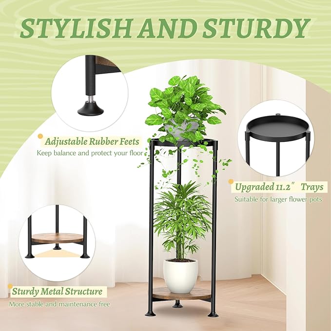 KMOTASUO 2 Tier Plant Stands Indoor, 30 Inch Tall Metal Corner Plant Stand, Modern Flower Shelf Pot Holder Planter Display Rack for Living Room Balcony Patio Garden(Black)
