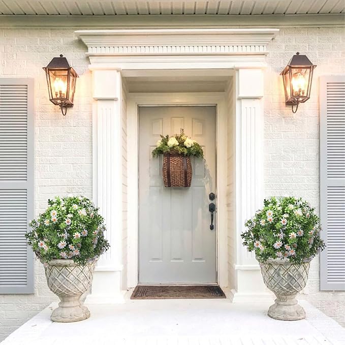 23.6" Artificial Boxwood Topiary Ball Trees with White Flowers, Set of 2 UV Resistant No Fade Outdoor Faux Plants with Ground Spike, Fake Shrubs for Garden, Patio, Porch, Yard, Indoor Decor