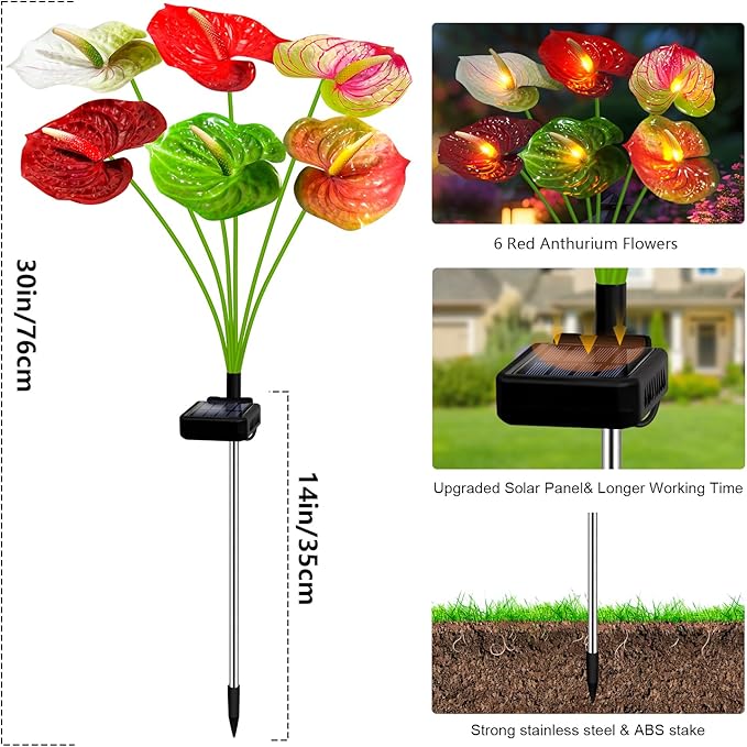 Solar Lights Outdoor,4 Packs Solar Garden Flower Lights with Anthurium Plant Lights,Garden Birthday Gifts for Women,Waterproof Solar Stakes Lights for Outside Yard Patio Lawn Decoration