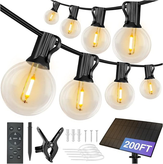 DAYBETTER 200FT Solar String Lights Outdoor Waterproof with Remote,100 LED Bulbs Dimmable&Timer,Patio Lights 3 Installation-Clips,Stakes&Nails for Outside Porch Garden Backyard Bistro