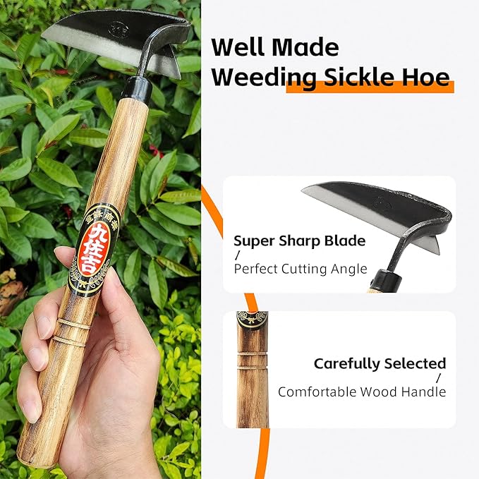 Japanese Weeding Sickle Hoe, Sickle Garden Tool Hand Grass Sickle, Weeding Tool for Gardening with High Carbon Sharp Steel Blade Edge for Cutting Grass,Digging Quick Work (Japanese Garden Hoe)