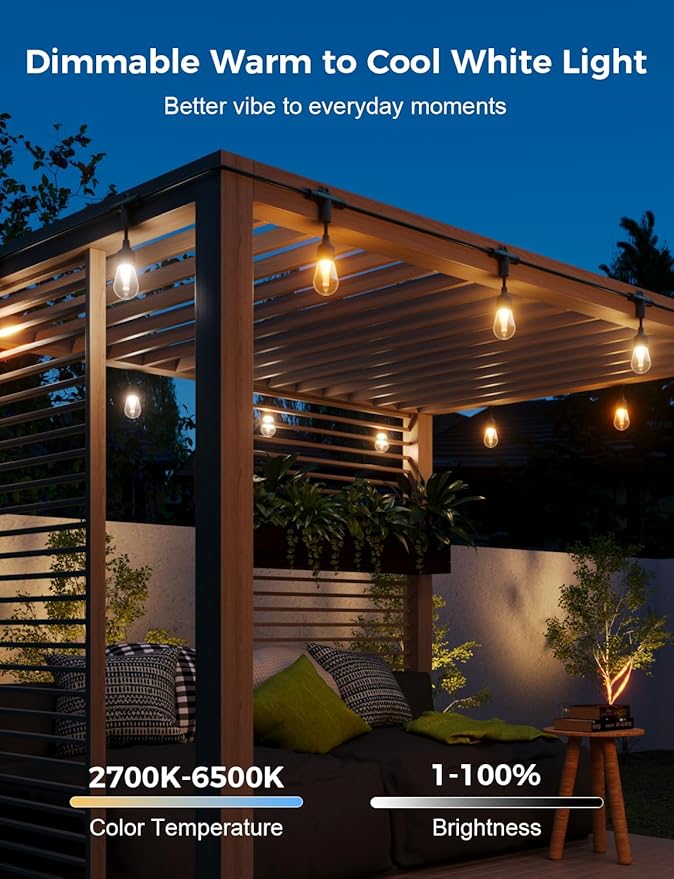 XMCOSY+ Smart Outdoor String Lights, 98Ft Patio Lights Waterproof, App Control, Compatible with Alexa, RGBCWIC Color Changing LED String Light for Outside