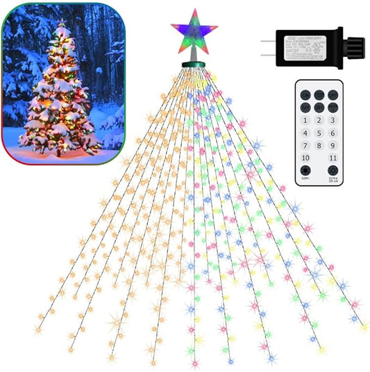 LED Christmas Tree Lights for Garden Decor, 6.6 FT 16 Lines Warm White & Multicolor String Lights with Star Topper, Christmas Ornaments Lights with Timing Function & 11 Modes Remote Control