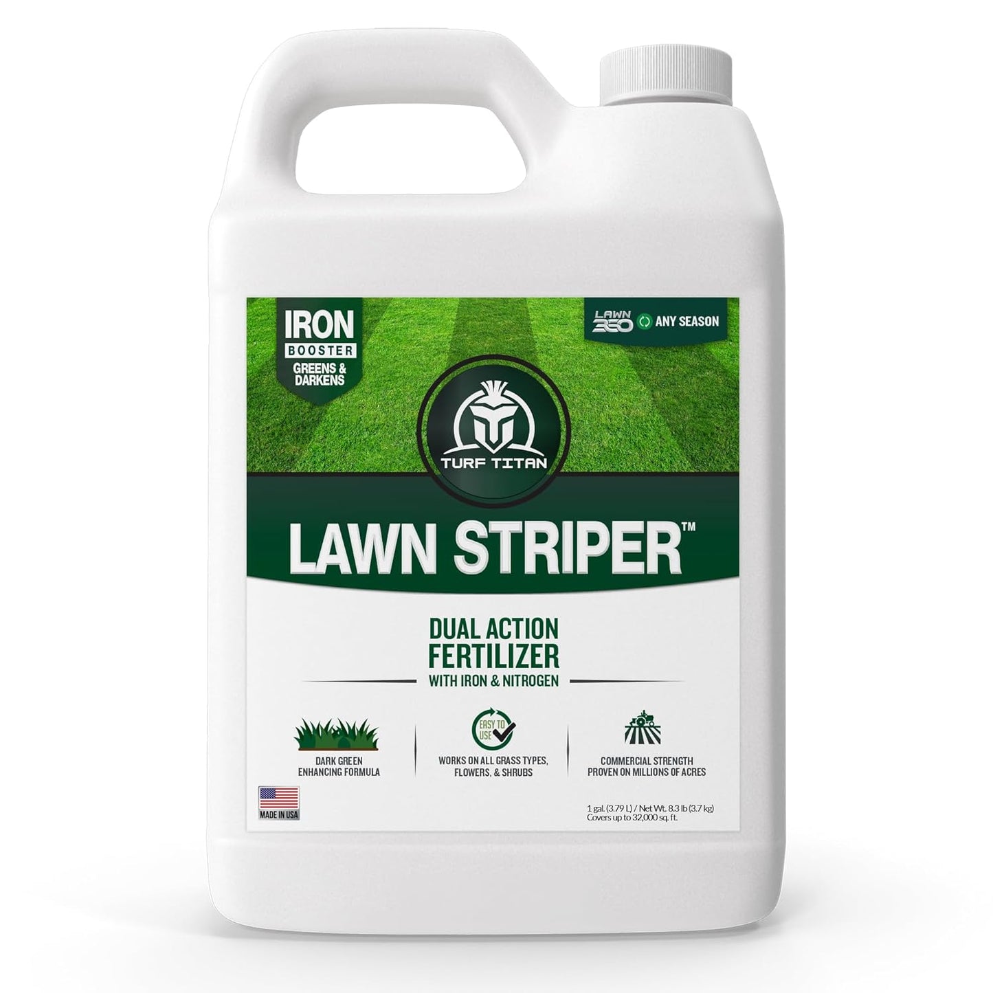 Turf Titan Lawn Striper 1 Gallon- Iron & Nitrogen Fertilizer to Promote Dark-Green, Stripe-Defined Turfs - Kids & Pet Safe, Natural Lawn Fertilizer - Green Grass Fertilizer - Covers up to 32,000 Sq Ft