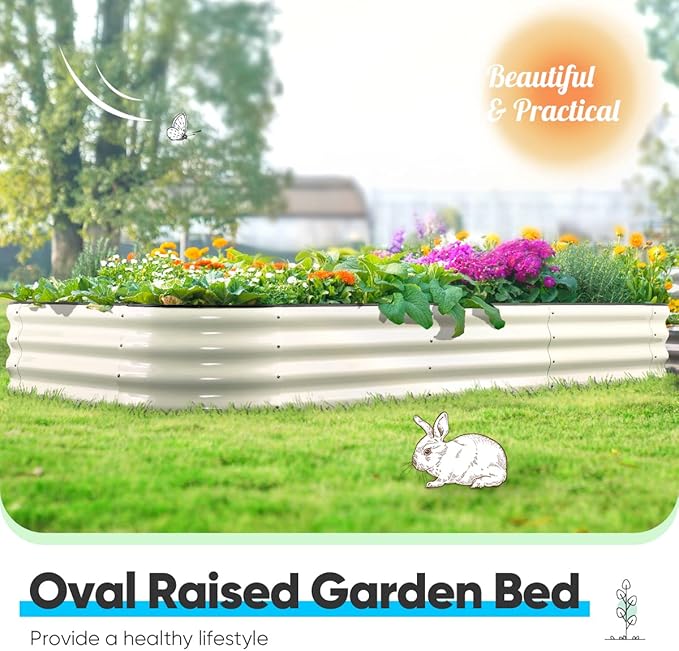 Quictent Galvanized Raised Garden Bed Kit, 8x4x1 ft Oval Metal Planter Box for Vegetables, Rubber Strip Edging Included (Beige)