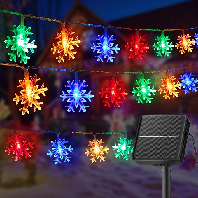 Solar Christmas Snowflake String Lights 100 LED 39 FT Outdoor Waterproof Fairy Lights with 8 Lighting Modes for Wedding, Party, Tree, Room, Garden, Patio, Yard, Home, Multicolor