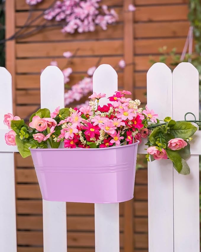vensovo Metal Railing Planter for Outdoor Plants - 3 Pack Balcony Hanging Flower Pots with Detachable Hooks and Drain Holes Oval Bucket Rail Box Fence Planters for Home Garden Decor, Purple Pink Blue