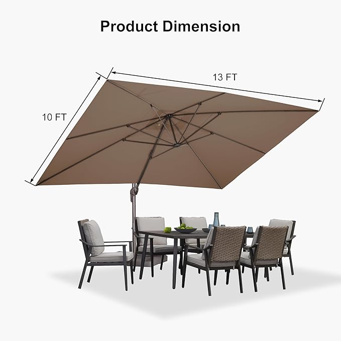 PURPLE LEAF 10' X 13' Patio Cantilever Umbrella Rectangle Umbrella Outdoor with Aluminum Offset Hanging and 360° Rotation for Pool Garden Deck Patio, Taupe