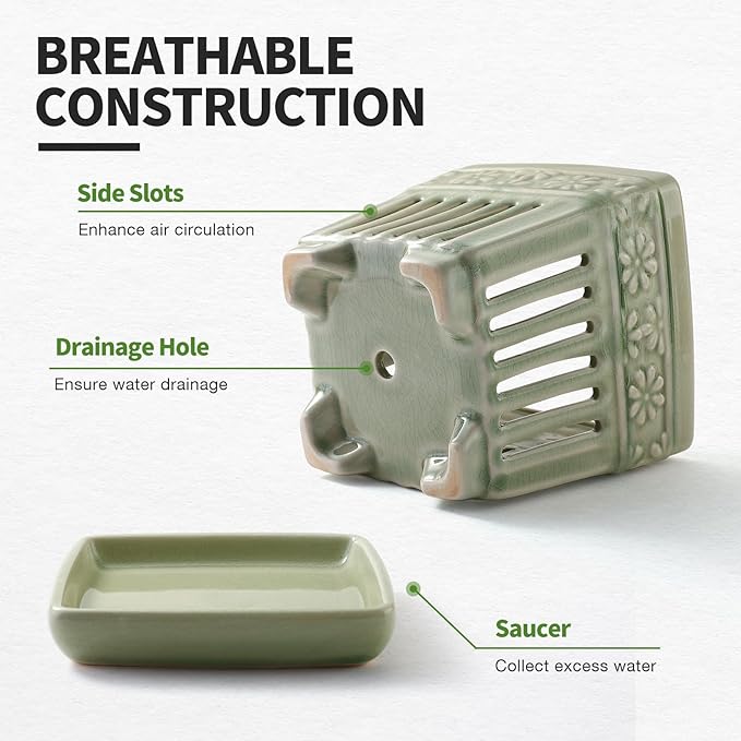 Orchid Pots with Holes | 5" Ceramic Orchid Planter with Separate Saucer and Drainage Holes | Glazed Pottery Small Flower Pot for Repotting Orchids(Green)