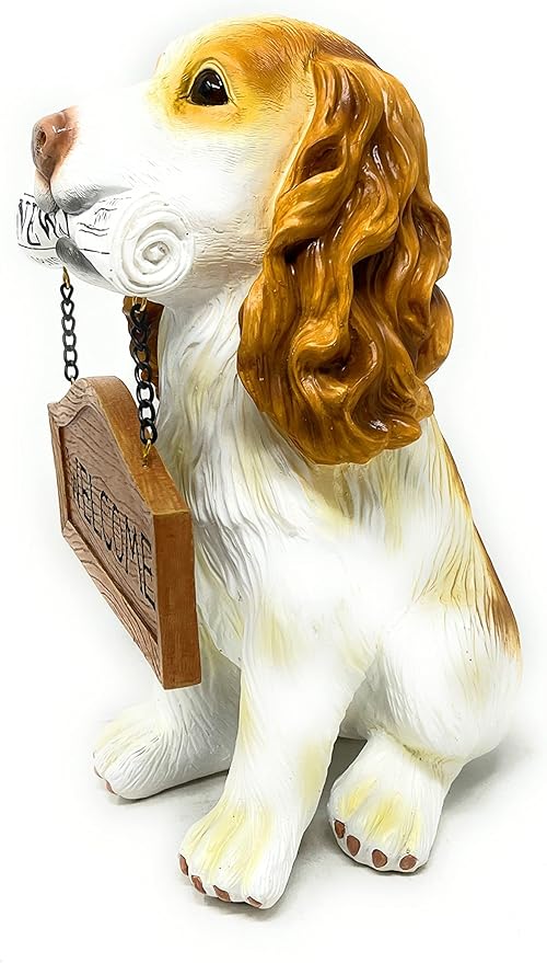 Nature's Mark Cocker Spaniel Dog Puppy Statue with Reversible Welcome Sign and Go Away Sign Resin Garden Decor 12" H