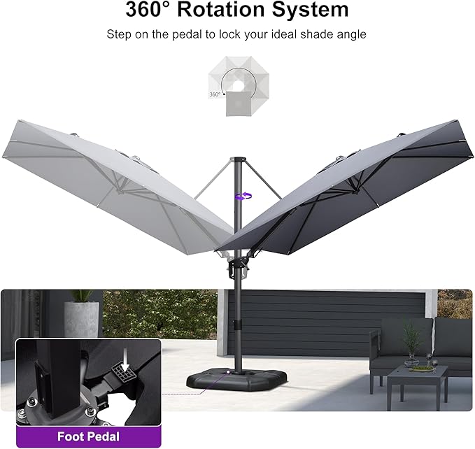 PURPLE LEAF 8.8' X 8.8' Left-right Tilt Patio Umbrella with Base Outdoor Cantilever Swivel Square Umbrella Aluminum Offset Umbrella with 360-degree Rotation for Garden Deck Pool Patio Light Grey