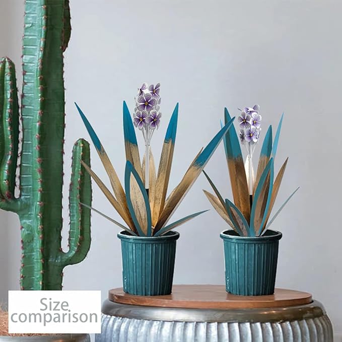 Metal Agave Plant Garden Art, 2 Pack Tequila Rustic Sculpture, Rustic Metal Agave Plants Lawn Home Ornaments, for Yard Stakes, Garden Figurines, Outdoor Patio (2 PCS Purple Flowers)