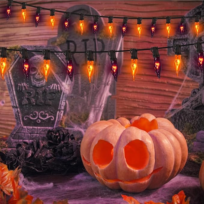 27.78 FT Halloween Ligths, C7 Clear Orange and Purple Flickering Flame String Lights Outdoor, E12 Screw Base, Flame String Lights for Halloween Indoor Outdoor Roofline Garden Patio Party Decorations