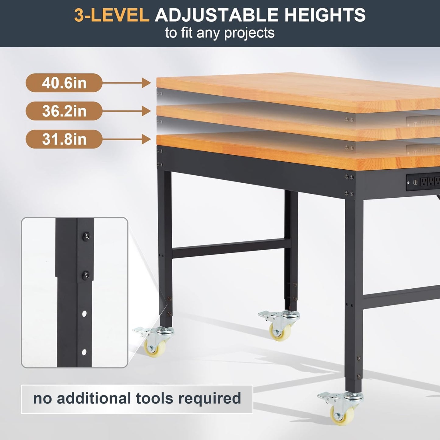 HABUTWAY Height Adjustable Workbench with Wheels 60" 2000 Lbs Capacity Solid Wood Work Station Heavy-Duty Rolling Work Tables for Garage Party Shop Office