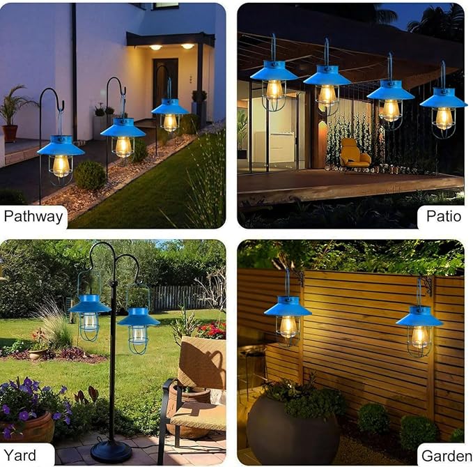 2 Pack Hanging Solar Lantern Lights with Shepherd Hook, Metal Waterproof Warm White Edison Bulb Lights for Garden Outdoor Pathway (Bule)