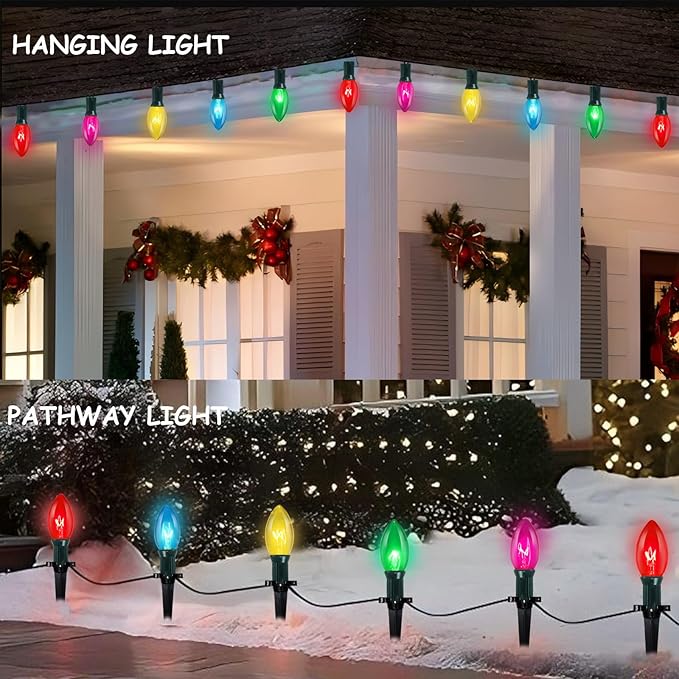 C9 Christmas Pathway String Lights Outdoor, 38Ft 25 Multicolor Marker Stakes, Yard Decorations for Walkway Lawn Sidewalk Driveway Holiday Christmas Decor