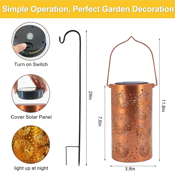 Mothers Day Gifts, Fireworks Solar Lanterns Outdoor Hanging, Hollowed-Out Metal Waterproof LED Garden Decor Light for Patio Yard Pathway Lawn Front Porch Tree, Birthday Gifts for Women Mom Grandma