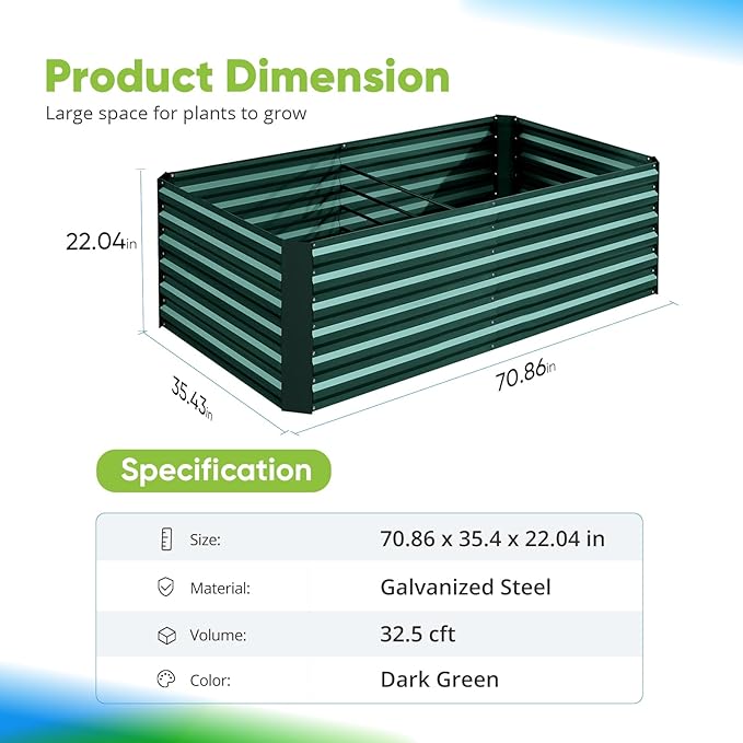 Quictent Galvanized Raised Garden Bed Metal Planter Box Bottomless for Backyard Outdoor, Include 1 pc Tomato Cage, Dark Green, 6x3x2 Ft