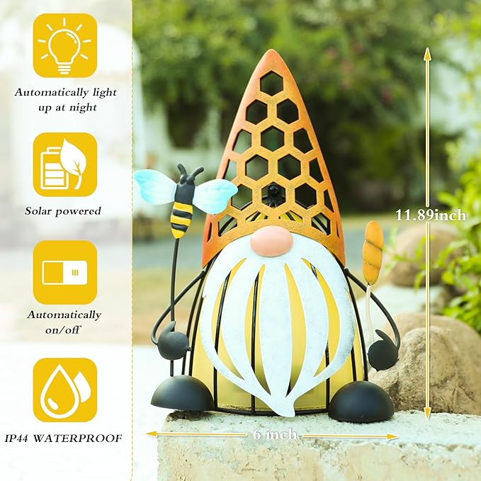 MUMTOP Solar Lights Outdoor Decorative Funny Gnome Waterproof Solar Powered LED Lights Metal Yard Art Decorations for Patio Garden Outside Lawn Backyard Balcony Decor