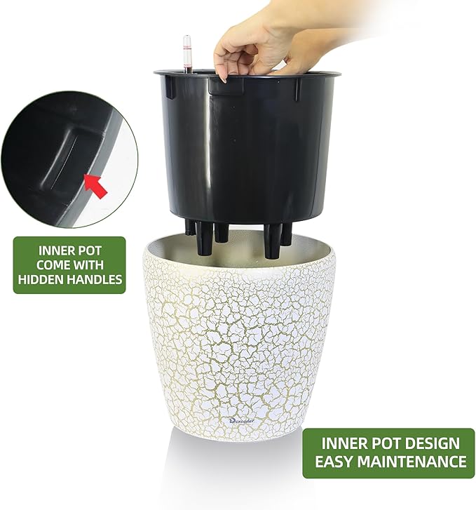 Dexceder 11x10 Inches Self Watering Planter Indoor Outdoor, Inner Pot Design, Thickened Table Flower Plant Pot with Water Level Indicator (White Gold Crackle)