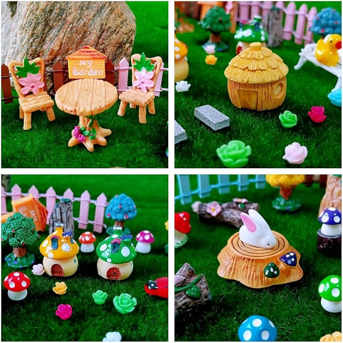 100 Pcs Miniature Fairy Garden Accessories Mini Landscape, Resin Micro Buildings Structures Tiny Animals Figurines