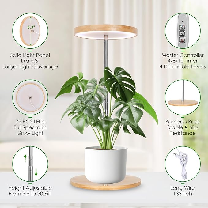 LORDEM Bamboo Grow Light, LED Plant Light for Indoor Plants Growing, Full Spectrum Bamboo Desk Growth Lamp with Automatic Timer for 4H/8H/12H, 4 Dimmable Levels, Height Adjustable, Pack of 2
