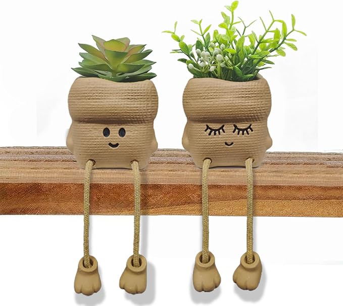 2Pcs Smiley Face Succulent Artificial Plants Planters - Cute Plant Pot Home Decor, Small Faux Plants Planter Indoor for Bathroom/Office/Kitchen Window Sill Decor, Fake Plant Ideas Gifts for Women