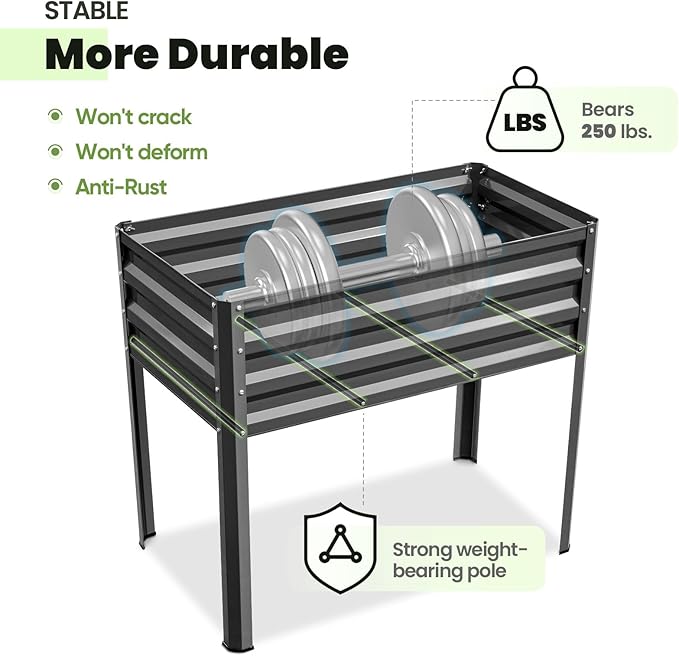 KING BIRD Raised Garden Bed with Legs Galvanized Elevated Planter Box for Backyard, Patio, Balcony, 33.9x17.7x31.5in, Dark Grey