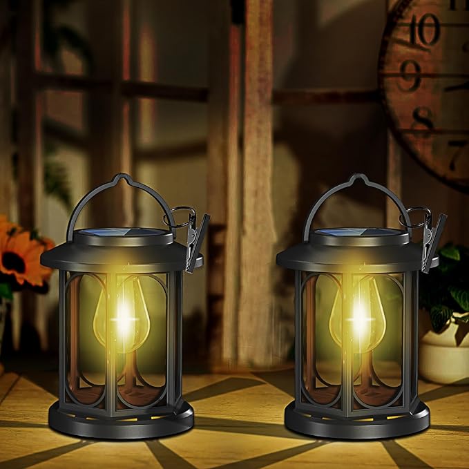 Solar Lanterns Outdoor Waterproof,Hanging Solar Lights for Outside with Built-in Bulb,Outdoor Lantern Decor for Porch,Patio,Garden,Suitable for Daily Lighting or Festive Decoration,2 Pack