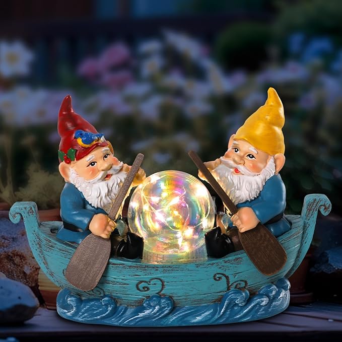 Solar Gnome Boating Garden Statues with Ball Light 4.6" Resin Gnomes Figurines Decorations for Yard Patio Lawm Porch Balcony Funny Housewarming Birthday Gardening Gifts for Women Moms