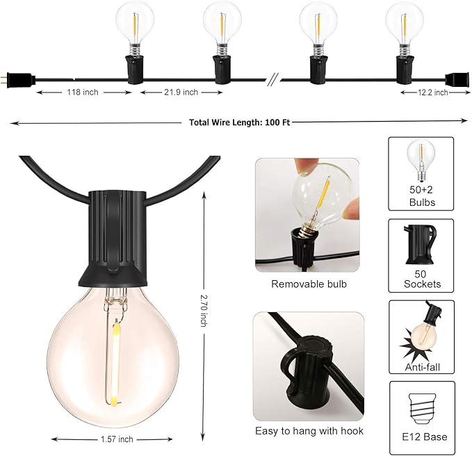 Outdoor String Lights 100FT Globe String Lights with 52 Dimmable G40 Shatterproof LED Bulbs,Waterproof Connectable Patio Light String Lights for Backyard Hanging Lights,2700K Warm Glow