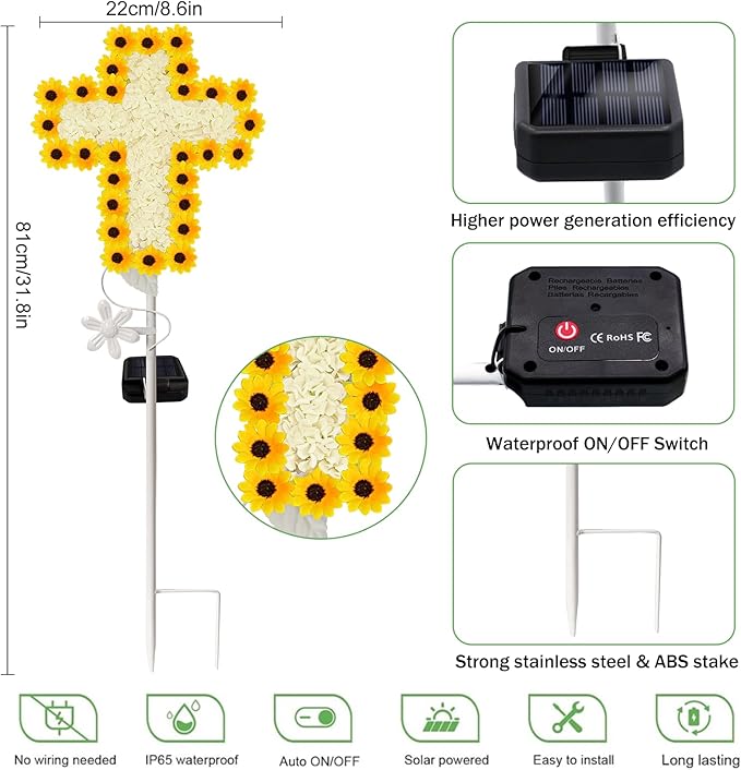 YJFWAL 2 Pack Solar Daisy Cross Garden Stake Lights, Yard Solar Lights Cemetery Decorations for Grave Outdoor Light Jesus Cross Sympathy Memorial Gifts for Grandmother, for Garden Yard Lawn Pathway