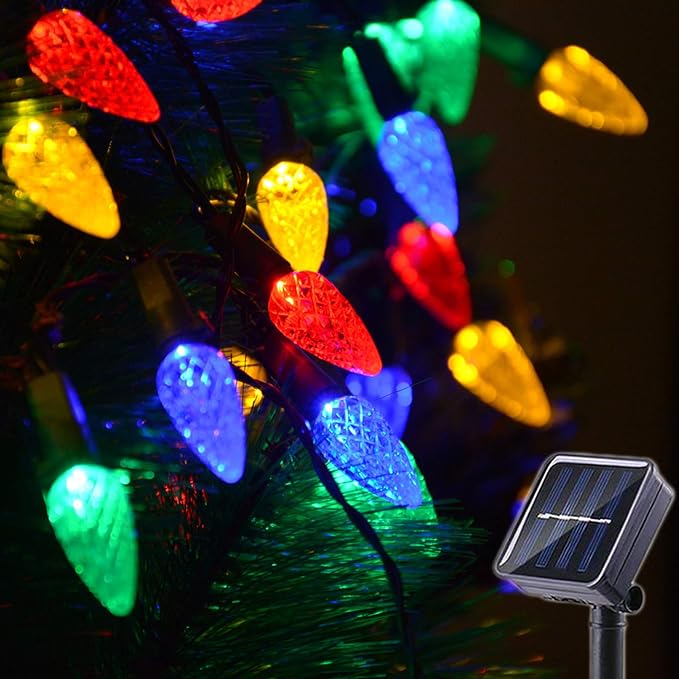 Solar Christmas Lights Outdoor C6 Strawberry String Lights, LED Christmas Fairy Lights 50 LEDs Solar Operated Rechargeable Garden Lights for Christmas Tree, Holiday, Arbor Decor(Multicolor, 8 Modes)