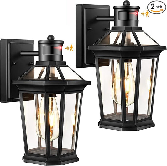 VIANIS Black 2 Pack Outdoor Lights for House, Dusk to Dawn Porch Light Lantern, Exterior Lighting for House Wall Mount, Motion Sensor Light Outside for Garage, Brightness Distance Adjustable