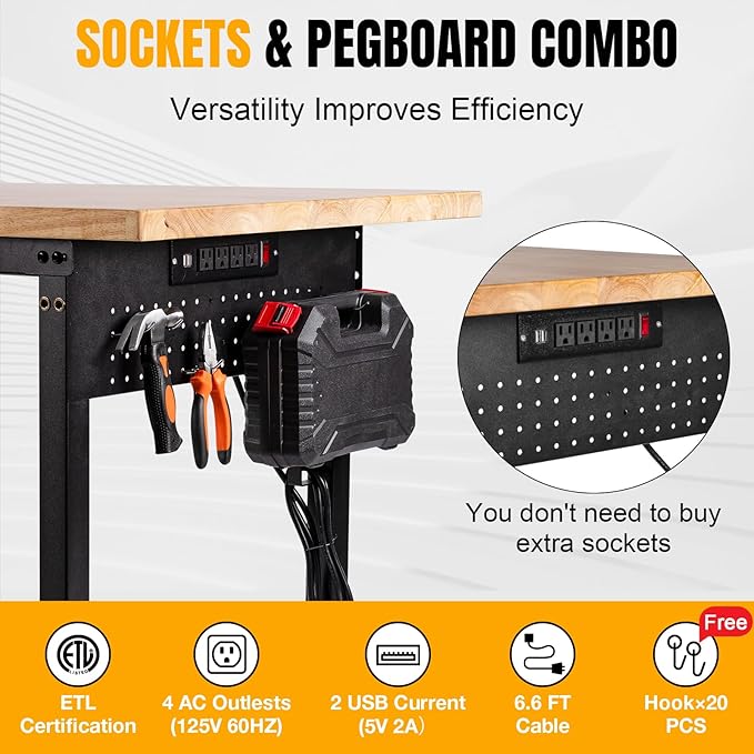 Height Adjustable Workbench Heavy Duty Work Table 2000 LBS Load Capacity 60”×22” Rubber Wood Work Station with Power Outlet & Pegboard for Garage, Workshop, Office,Party Shop, Home