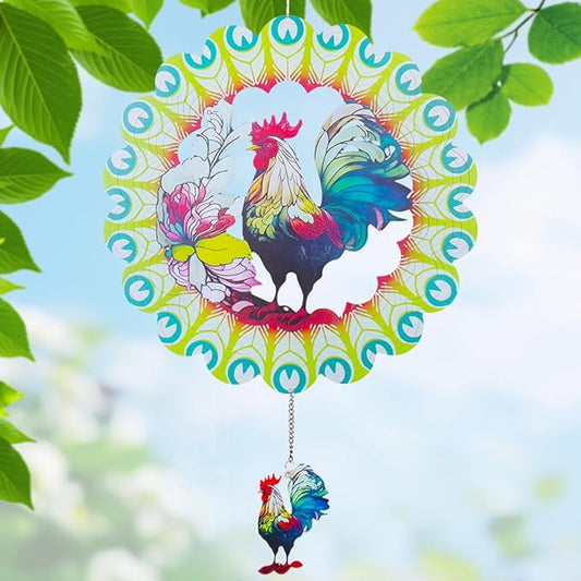Wind Spinners Outdoor, FACIACC Rooster Metal 3D Hanging Garden Decor, 12-inch Stainless Steel Wind Spinner with Tail Spinner, Wind Sculptures for Indoor Patio Lawn Yard, Ornament Gift for Women/Men