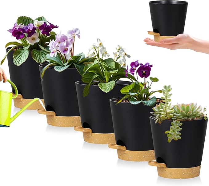 5 Pack 5 inch Self-Watering Pots, African Violets Planter with Drainage Holes and Reservoir, Black Brown Plastic Planter for Indoor Outdoor Plants Flowers and Houseplants black brown, 5 inch 5 pcs
