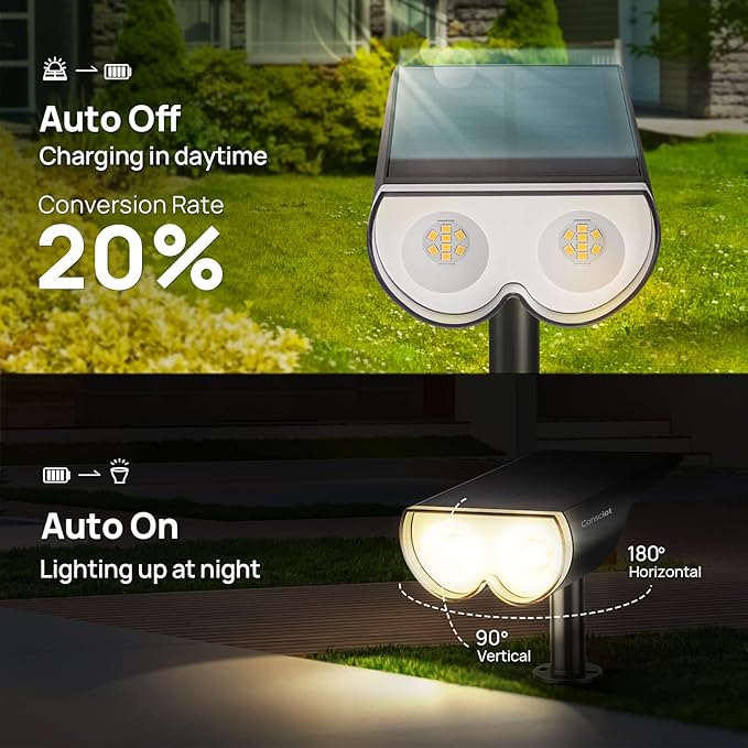Solar Spot Lights Outdoor, Consciot 16 LEDs IP67 Waterproof Solar Outdoor Lights, Auto On/Off Solar Landscape Spotlights, 2-in-1 Adjustable Wall Lights for Garden Yard Pathway, 2 Pack (Warm White)