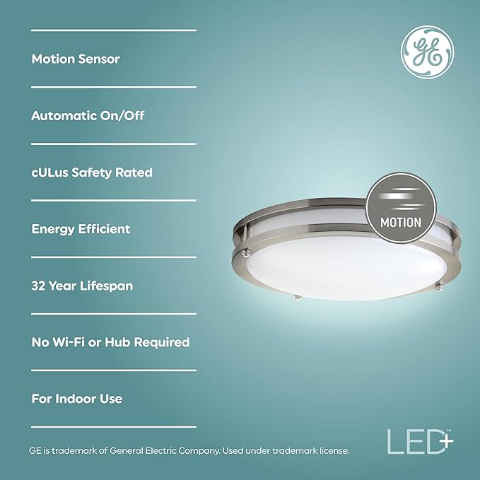 GE LED+ Motion Sensor Fixture, 20W, Flush Mount Ceiling Light with Motion Sensor, Security Light, Soft White