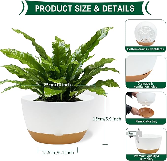 10 Inch Pots for Indoor Plants, Large Self Watering Planters with Drainage and Saucers, Plastic Outdoor Flower Pot, Set of 2, White